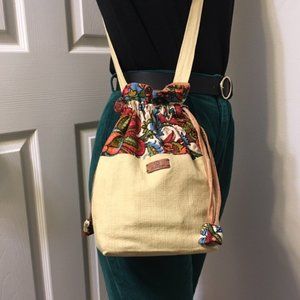 Cream and vintage floral handmade drawstring bag